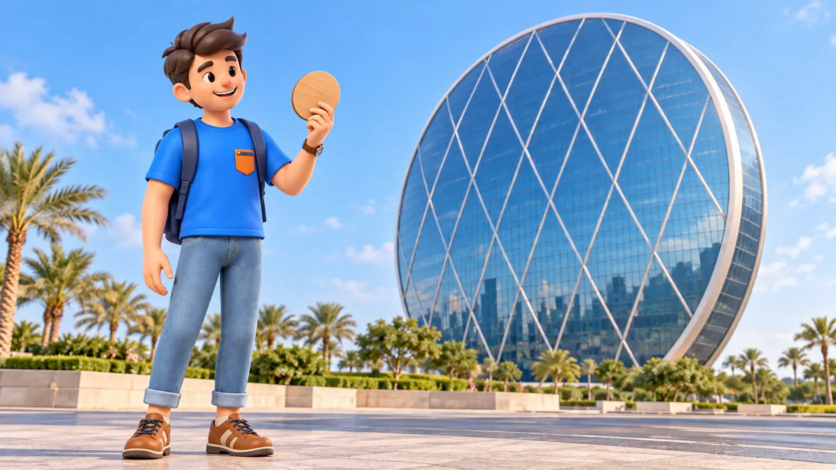 Personnage comparant un objet rond à la silhouette d’Aldar HQ