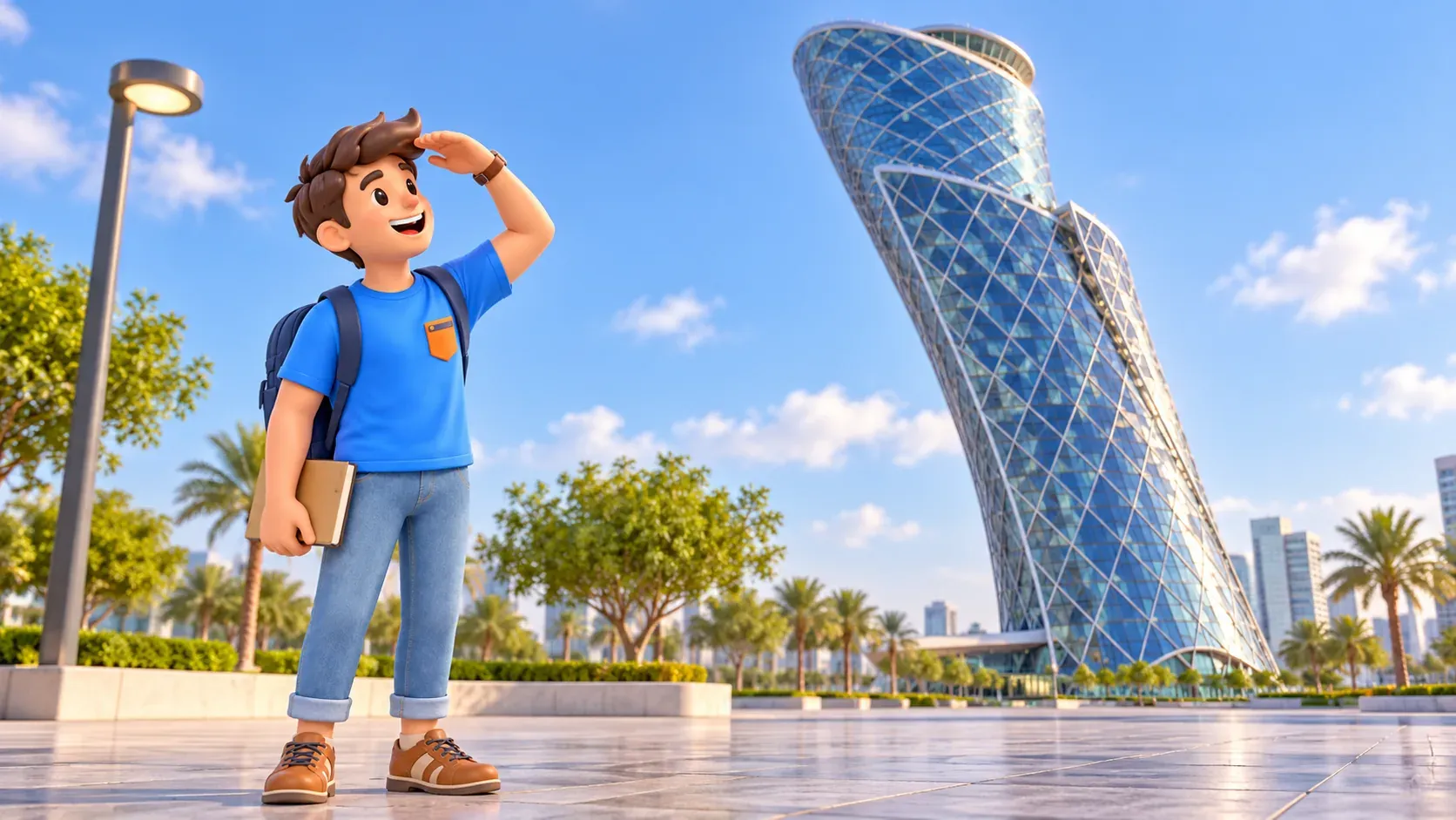 Personnage regardant l’inclinaison de Capital Gate près d’un lampadaire vertical