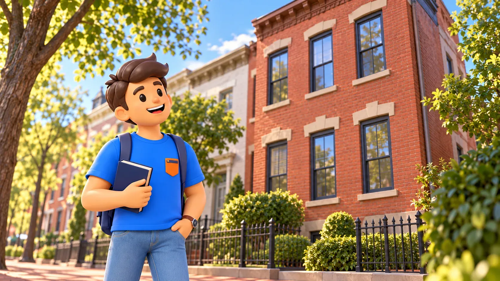 Illustration: a traveller outside a historic house in Shaw.