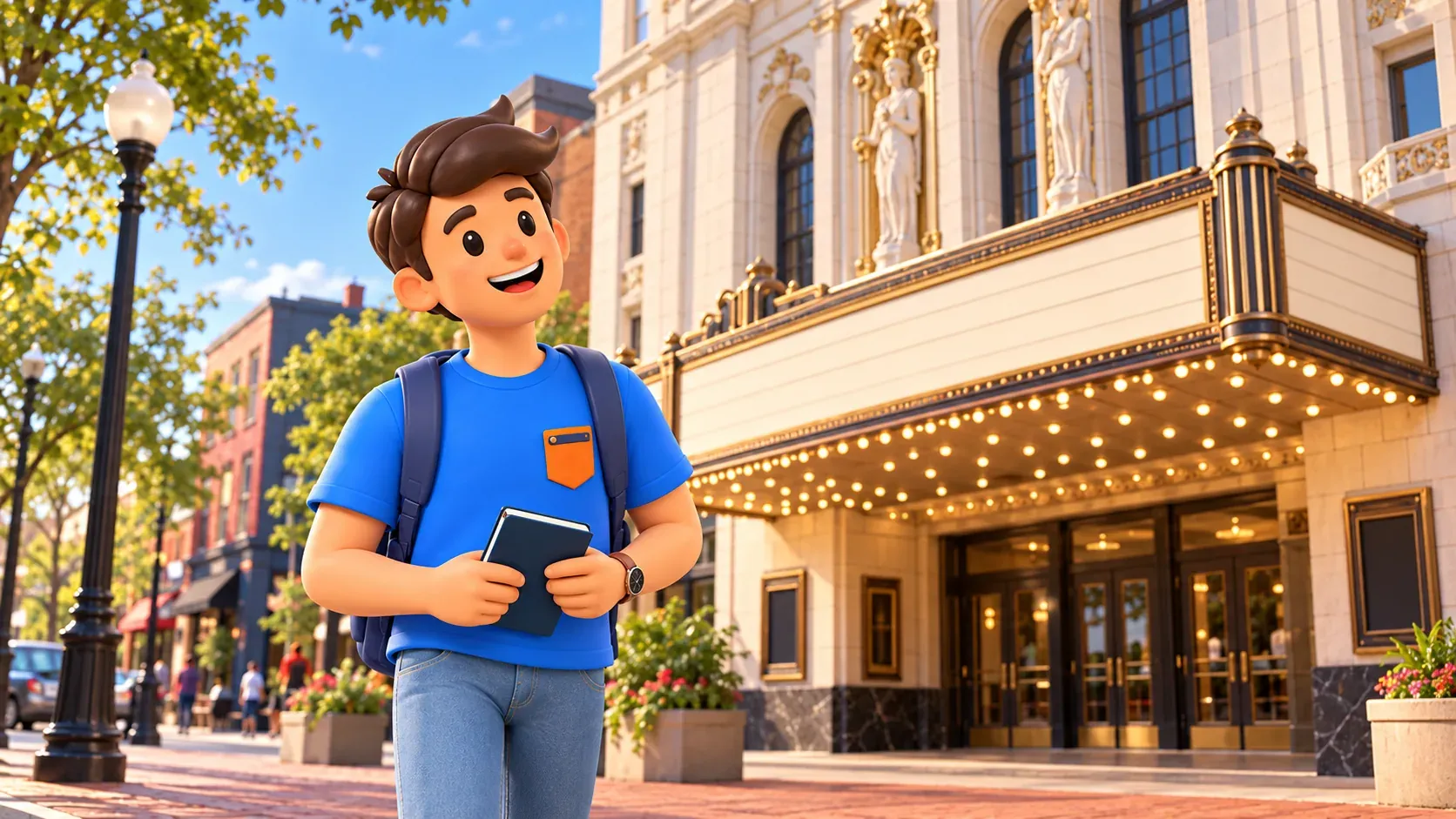 Illustration: a traveller outside a historic theatre.