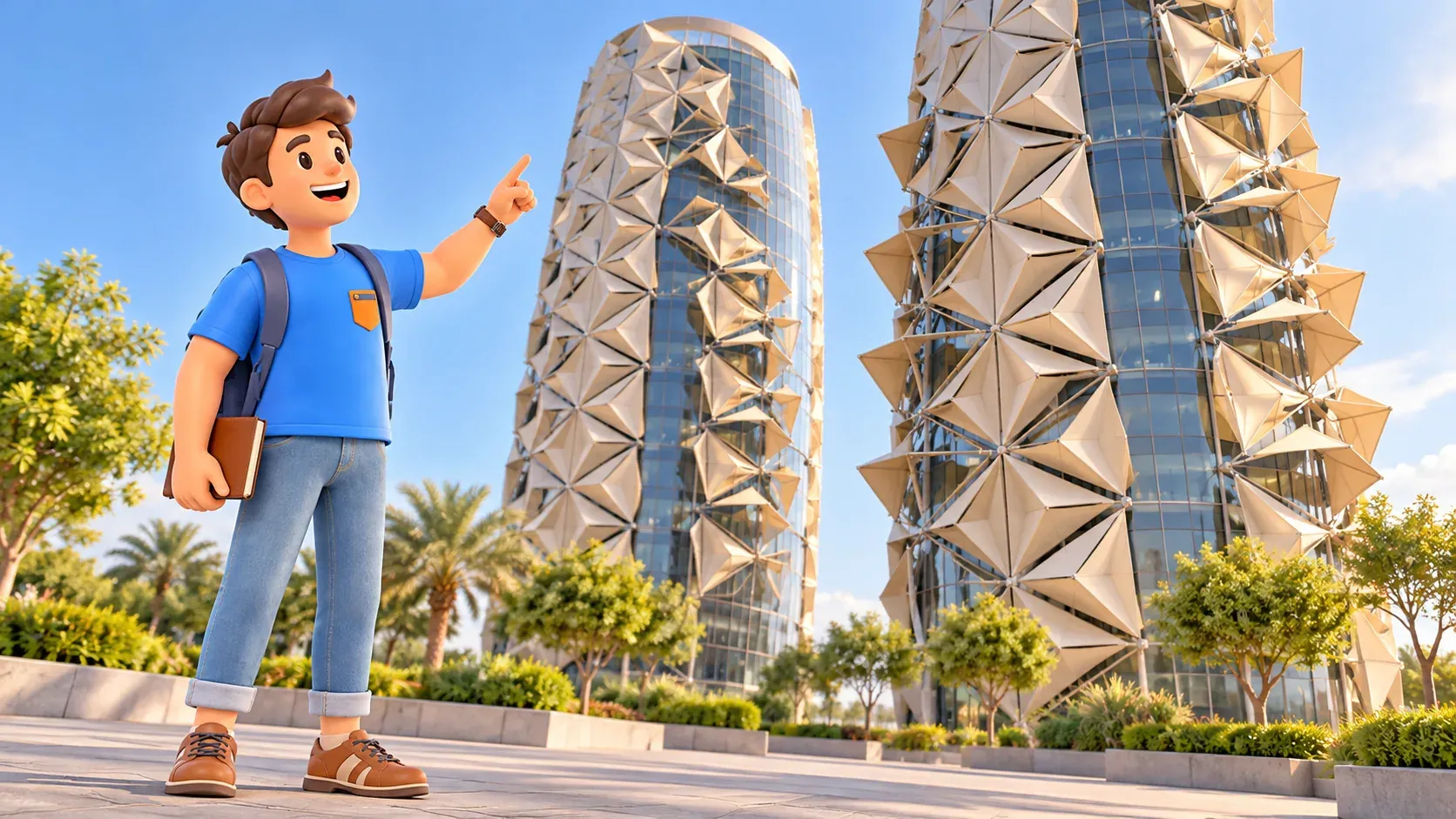 Character studying folding sun-shading modules on office towers