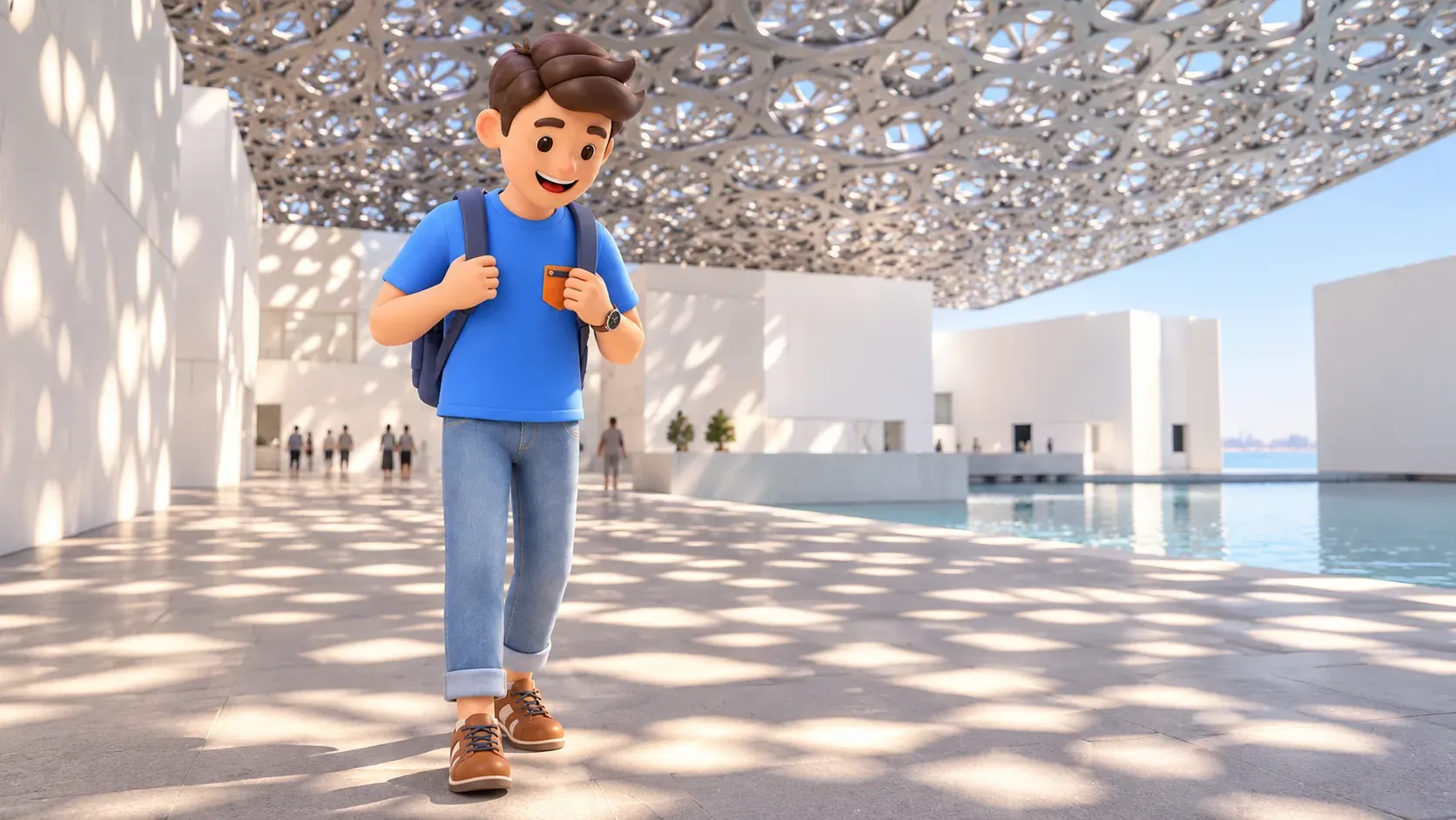 Character observing patches of light on a walkway beneath a museum dome