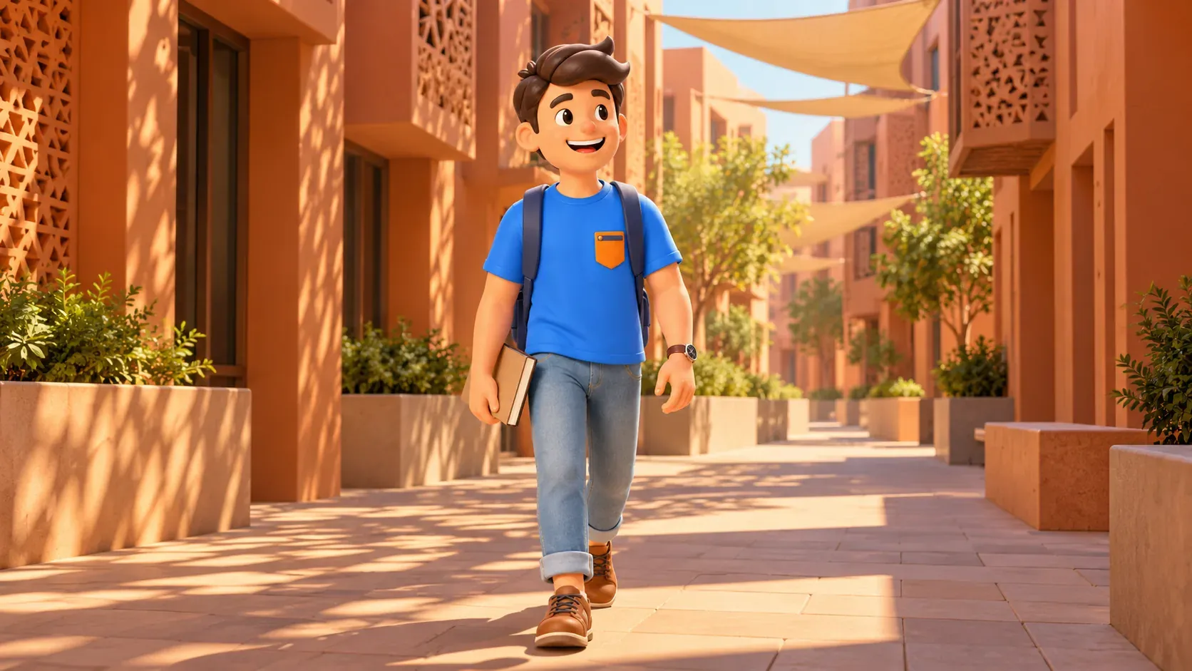 Character walking along a shaded pedestrian street with protective screens