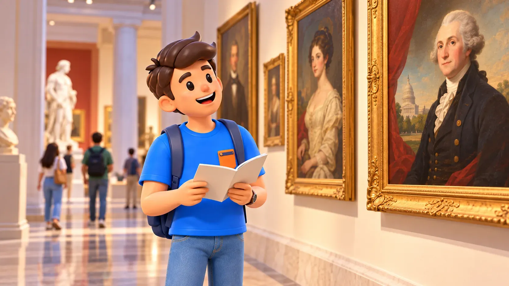 Illustration : un voyageur observant des portraits dans une galerie.