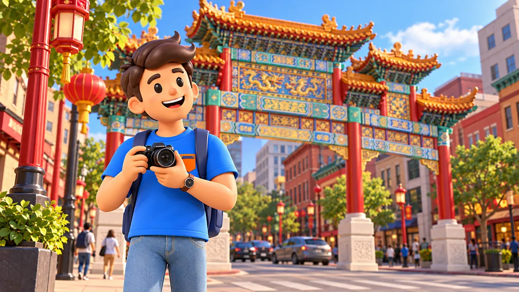 Illustration : un voyageur près de Friendship Archway à Chinatown.