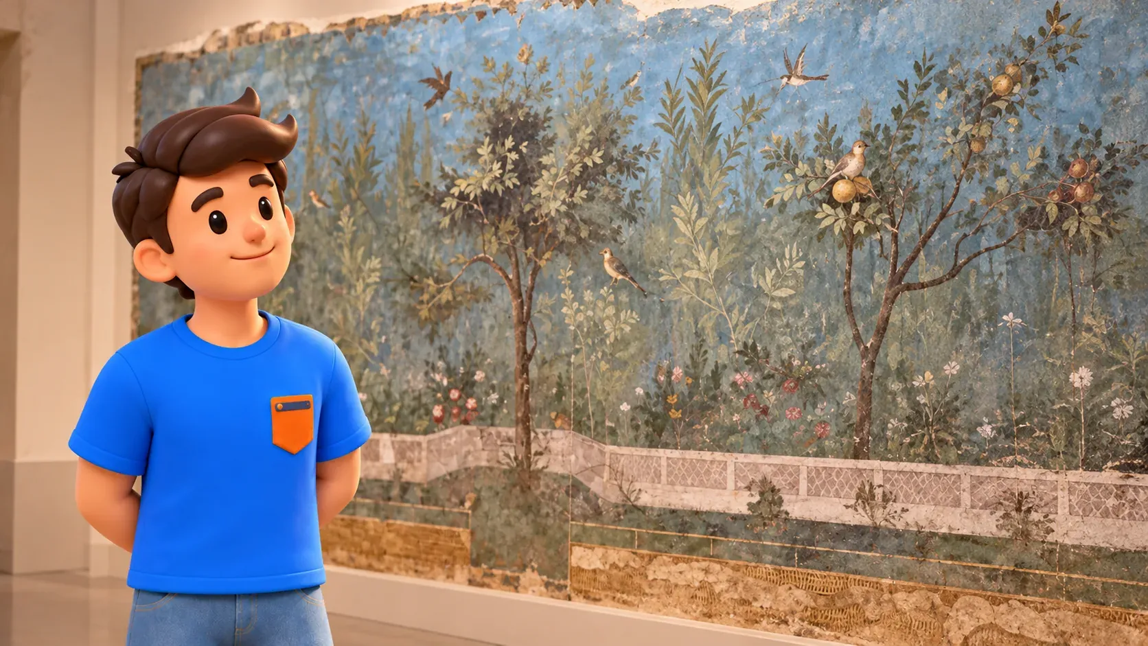 Un voyageur observe la fresque du jardin peint de la villa de Livie au Palazzo Massimo