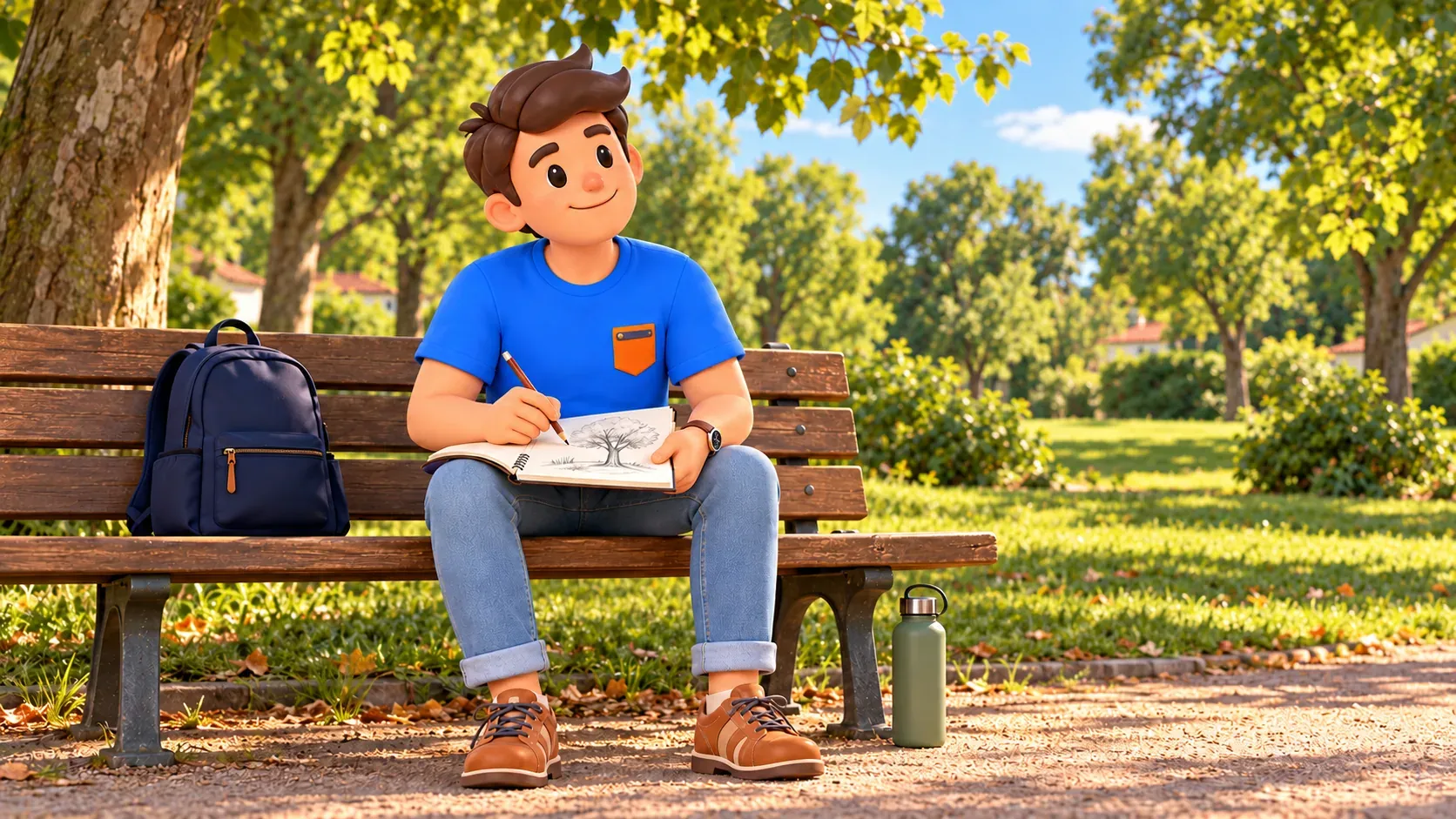 Voyageur illustré dessinant un arbre pendant une pause de parc imaginée