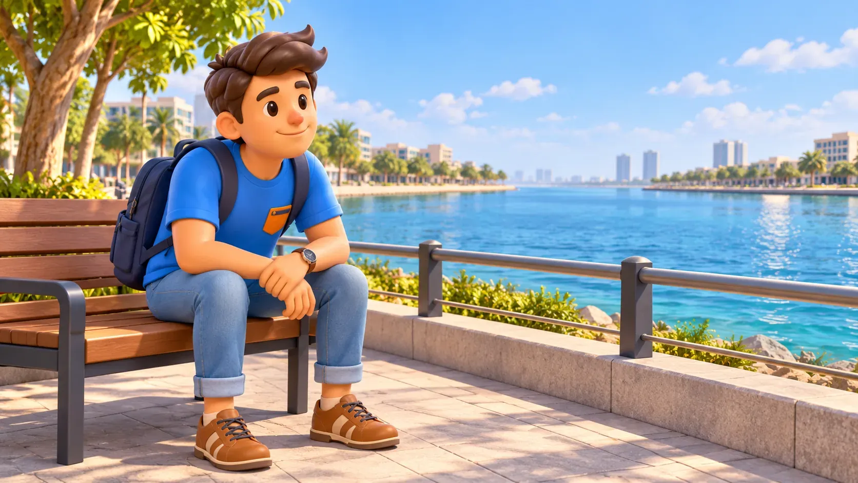 El personaje contempla un canal costero desde un banco de la orilla