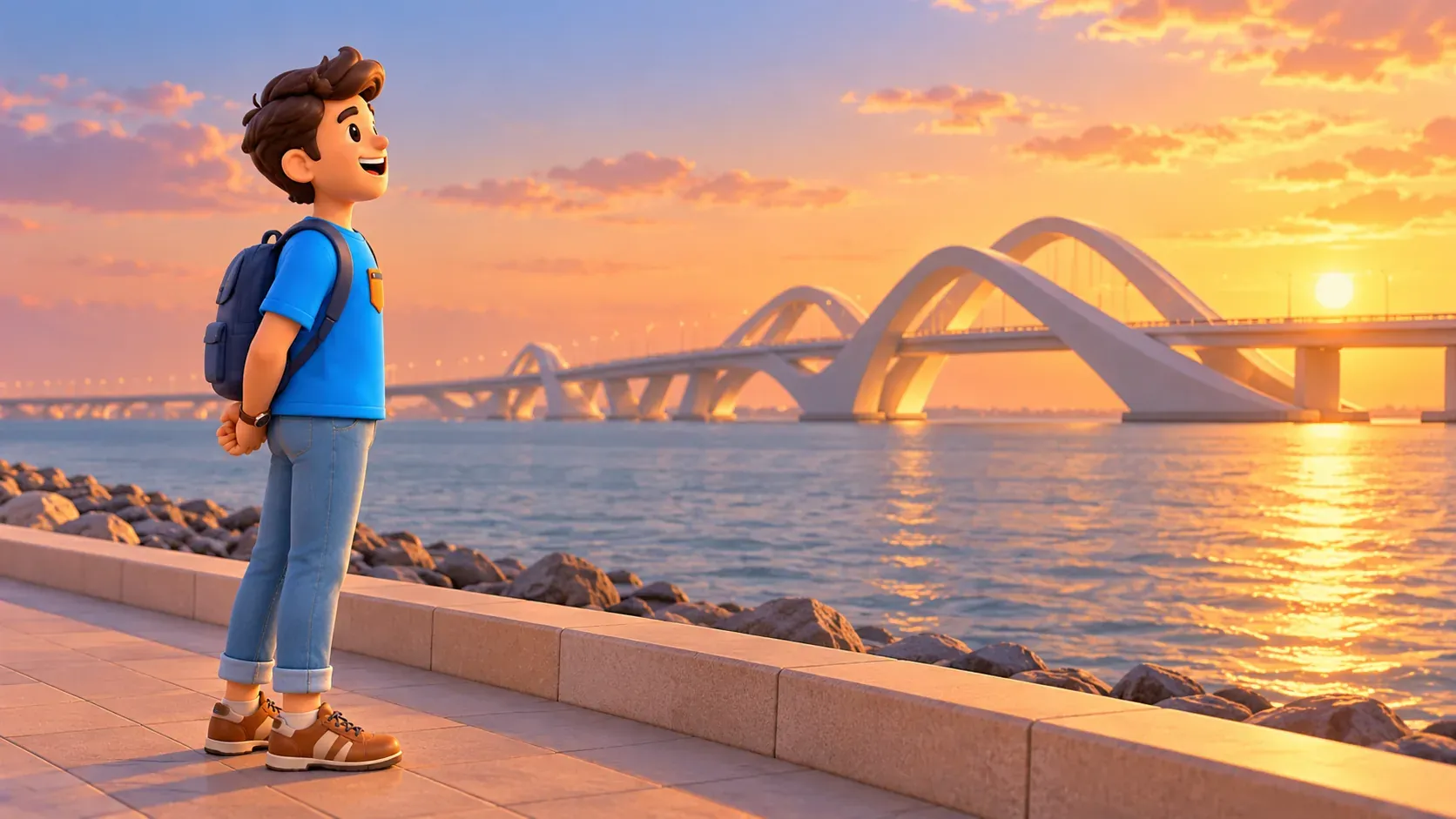 El personaje observa las formas onduladas de un puente desde la orilla
