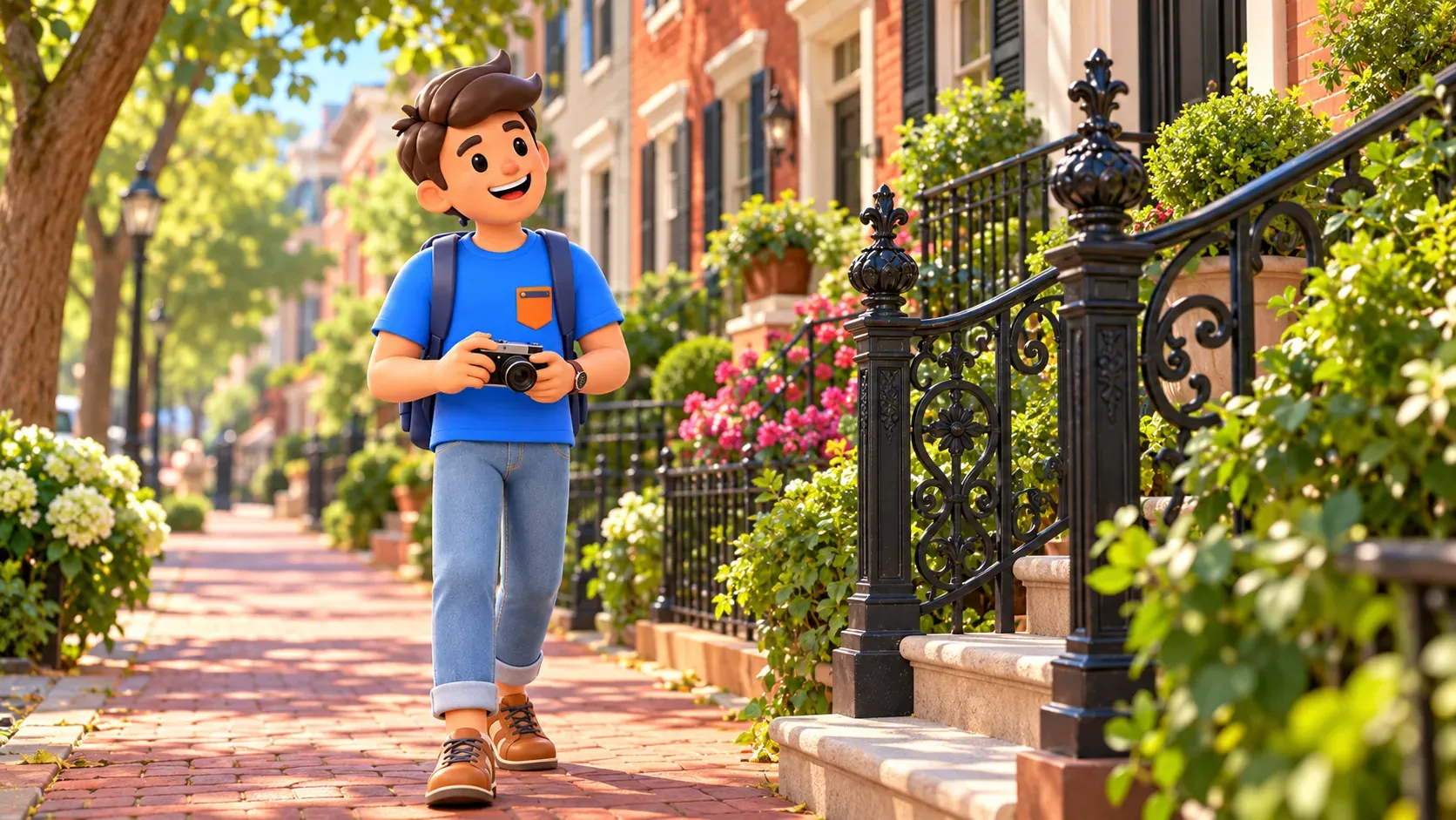 Illustration : un voyageur observant les maisons de Capitol Hill.