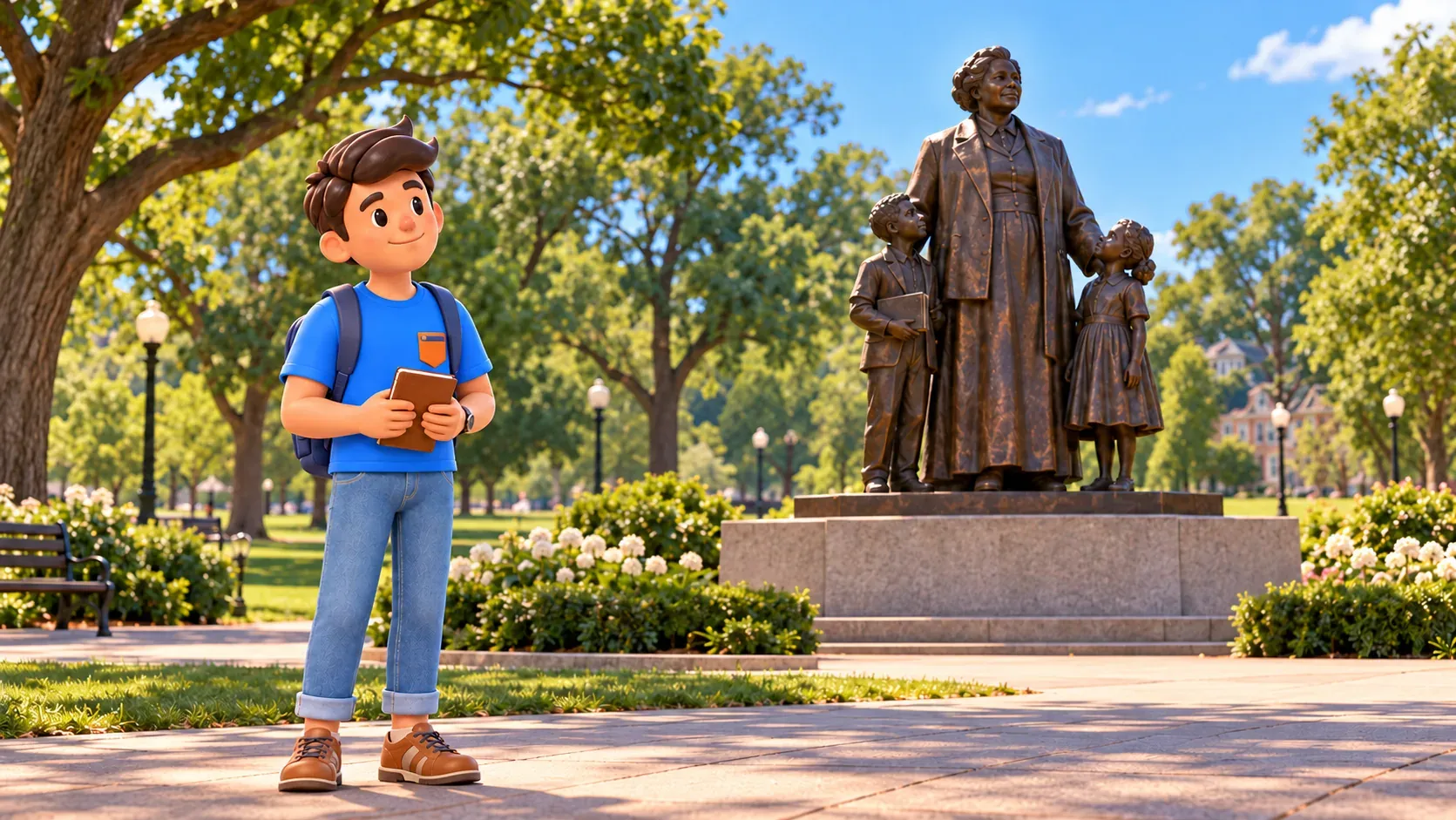 Illustration : un voyageur près du mémorial Mary McLeod Bethune à Lincoln Park.