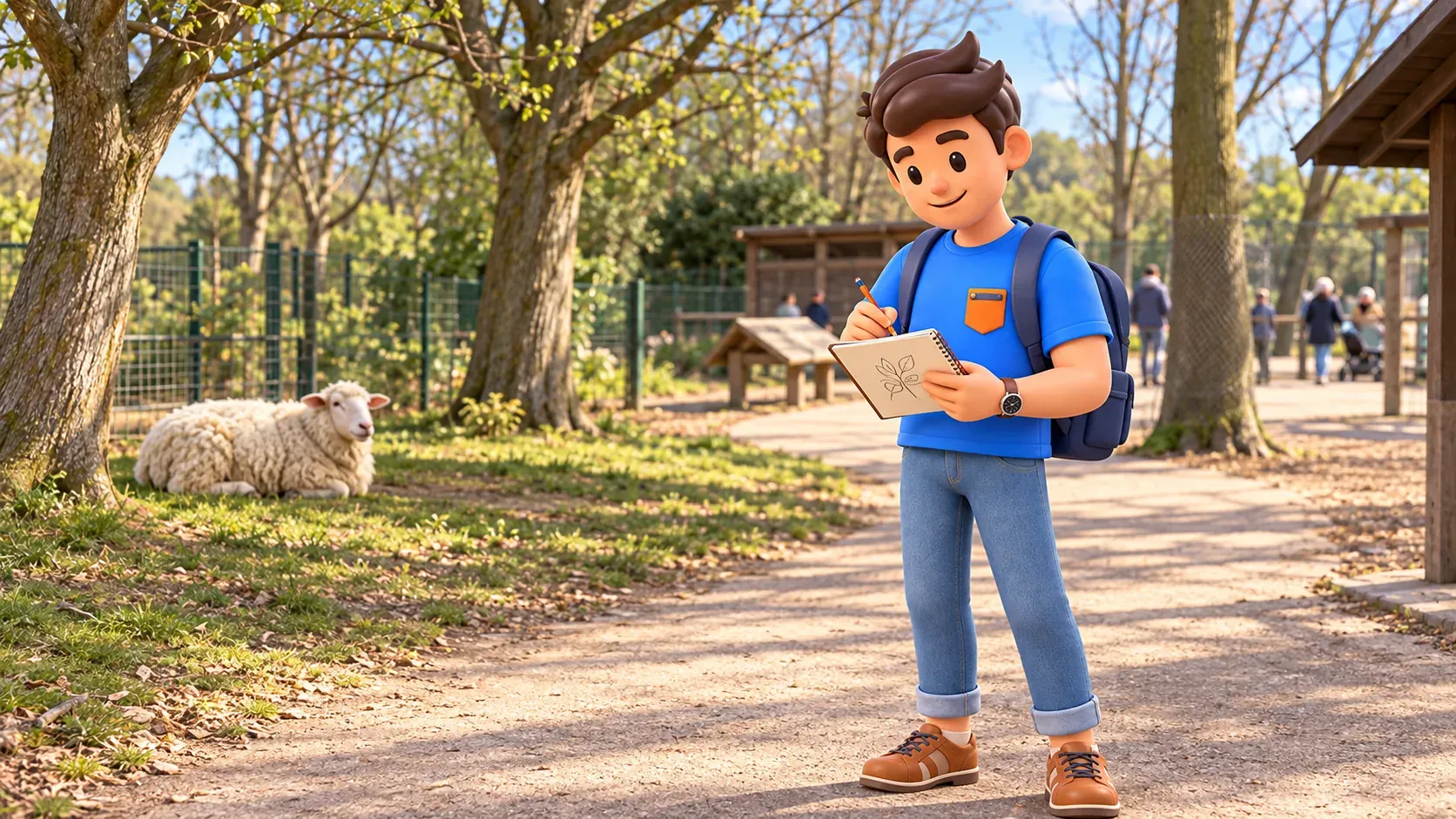 Illustrierter Reisender zeichnet ein Blatt auf einem Parkweg mit einem ruhenden Schaf in Abstand