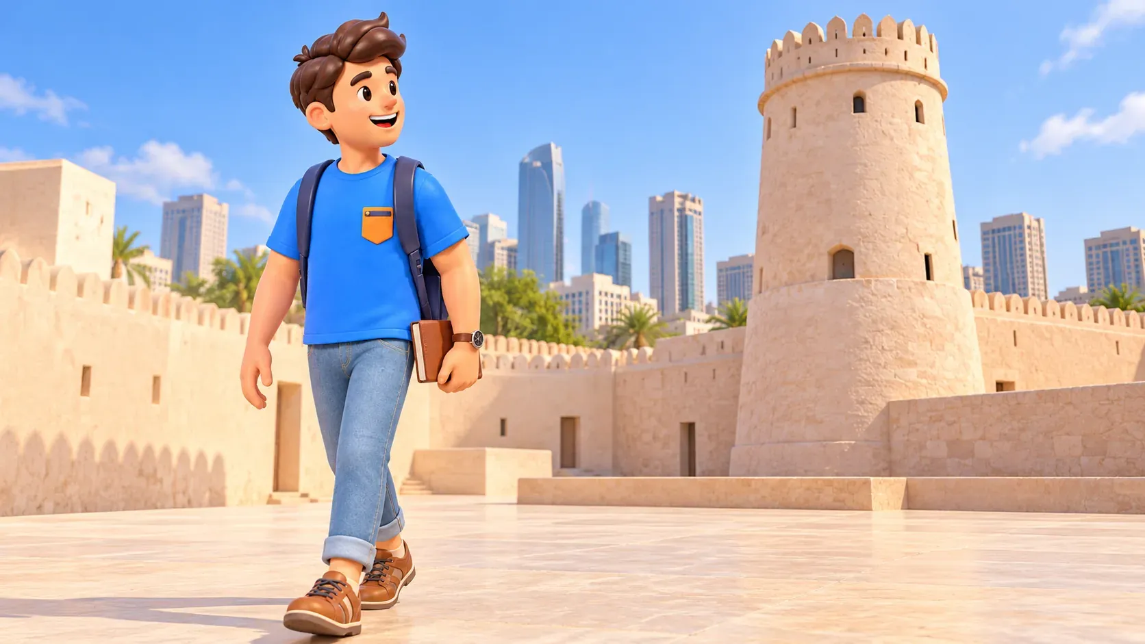 El personaje contempla la torre redonda de una fortaleza histórica