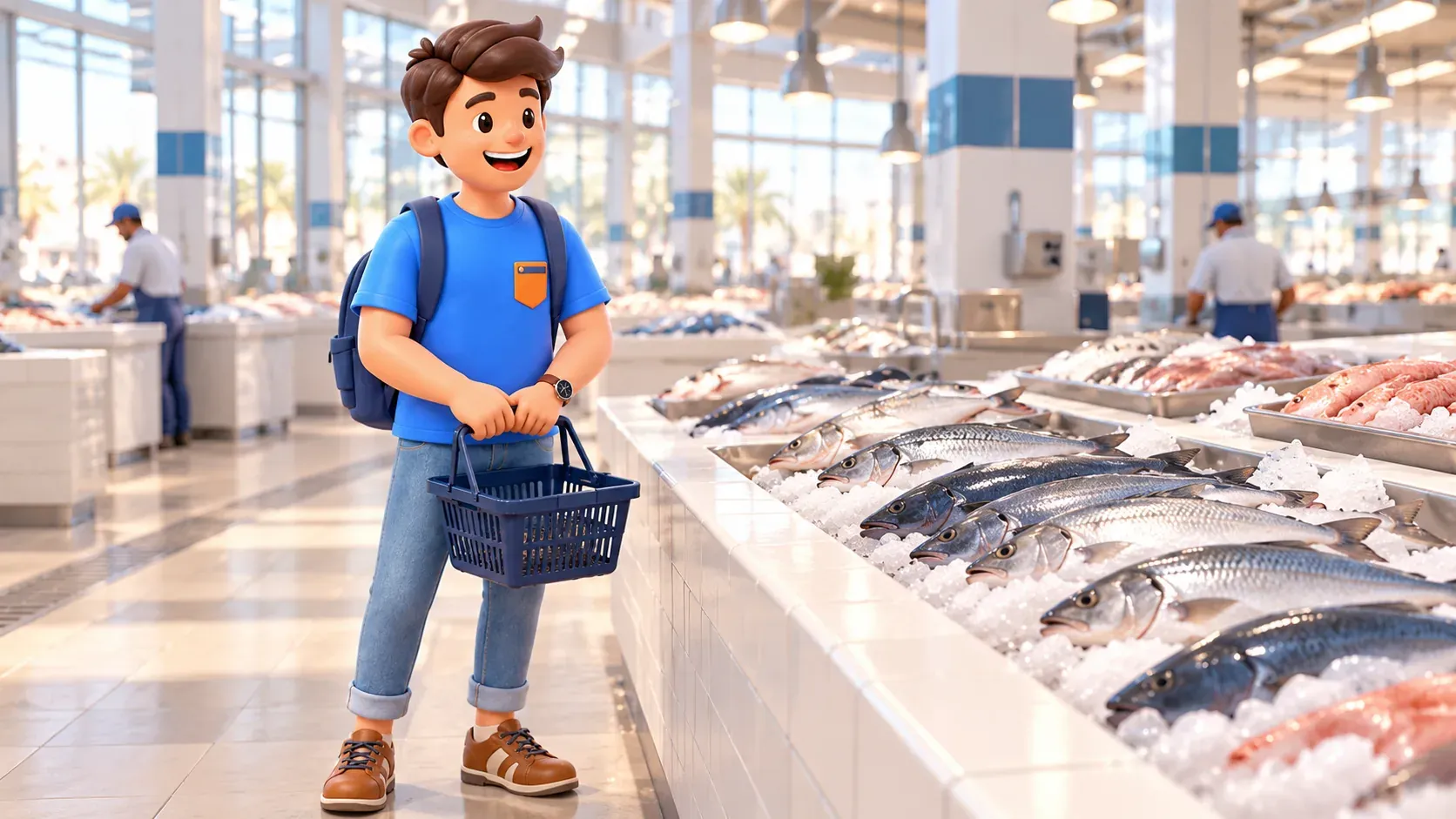 El personaje observa puestos de pescado en un mercado cubierto moderno