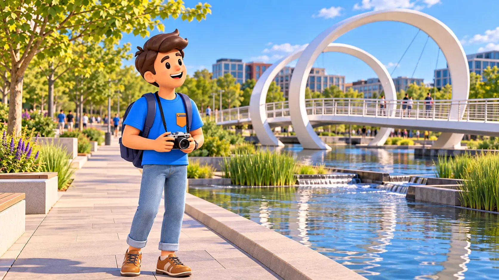 Illustration: a traveller with a camera in Yards Park.