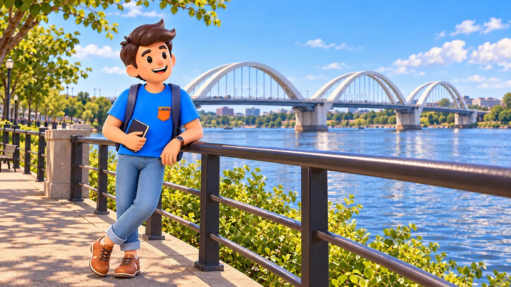 Illustration: a traveller looking at the Frederick Douglass Memorial Bridge from the waterfront.