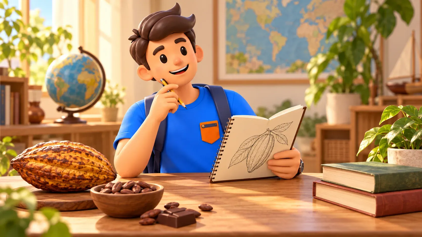Illustrated traveller sketching a cocoa pod in a conceptual educational scene