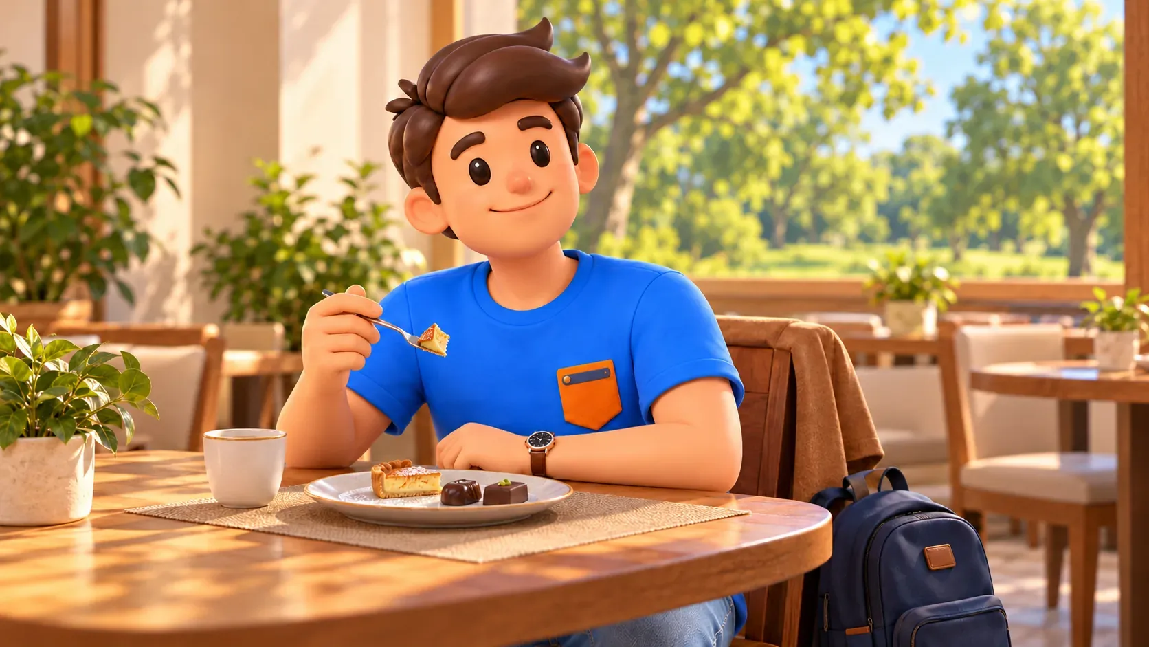 Illustrated traveller enjoying a modest dessert during an imagined separate dining pause