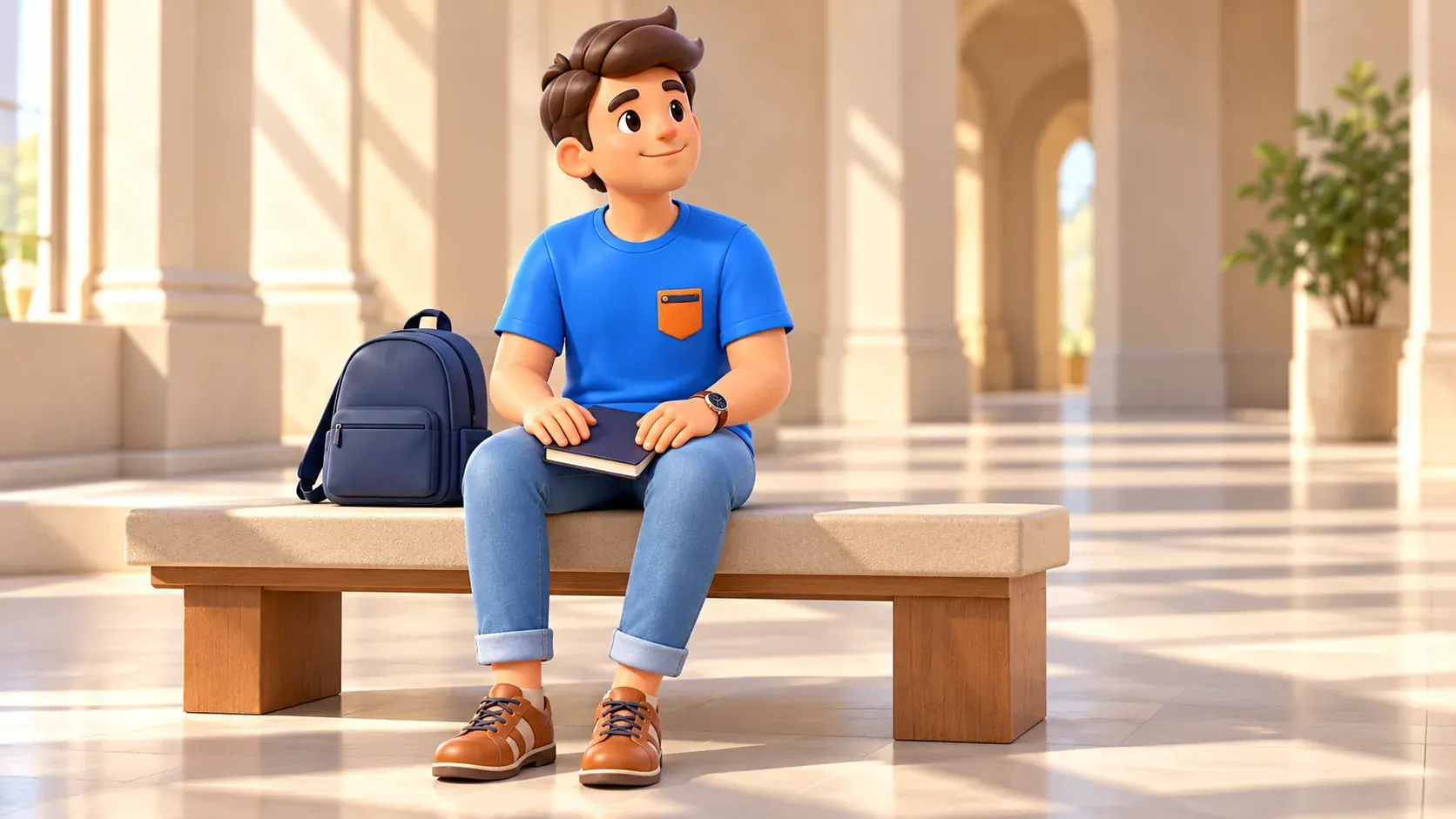 Personnage faisant une pause calme avec son carnet après une découverte artistique