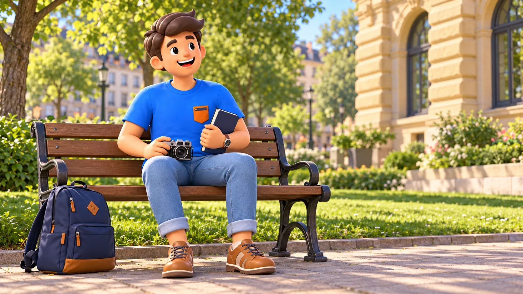 Illustrated traveller with a camera resting beside an interpreted monumental masonry fragment