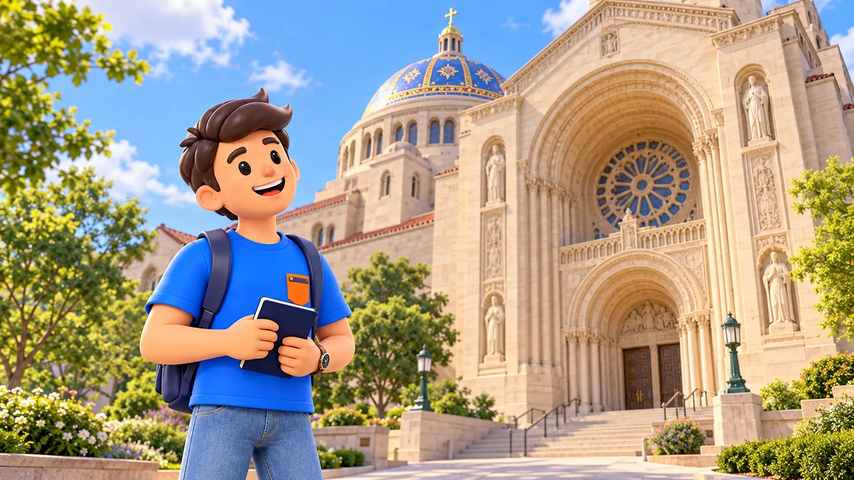 Illustration: ein Reisender betrachtet die Architektur der Basilika.