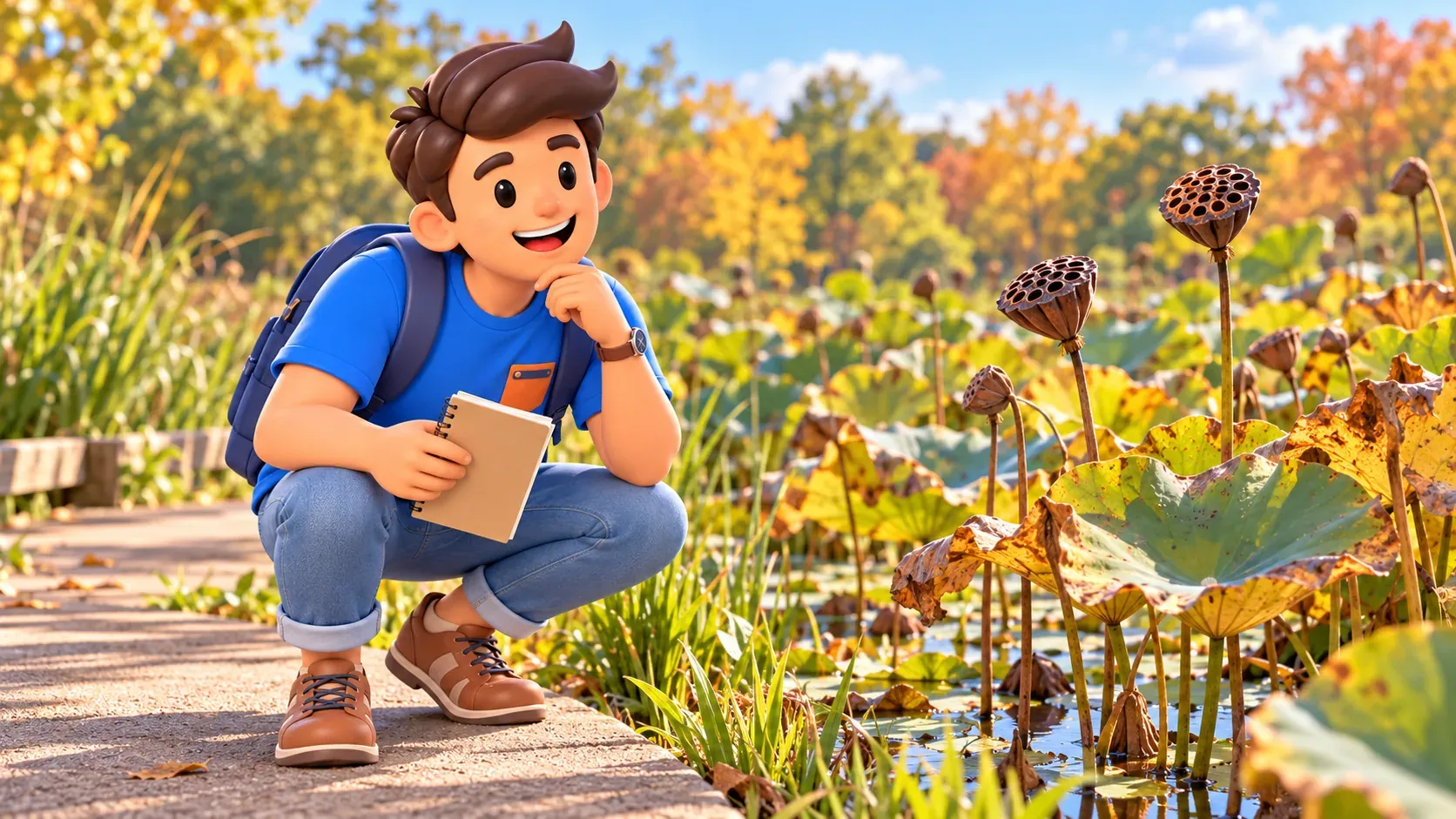 Illustration: a traveller observing lotus seed pods.