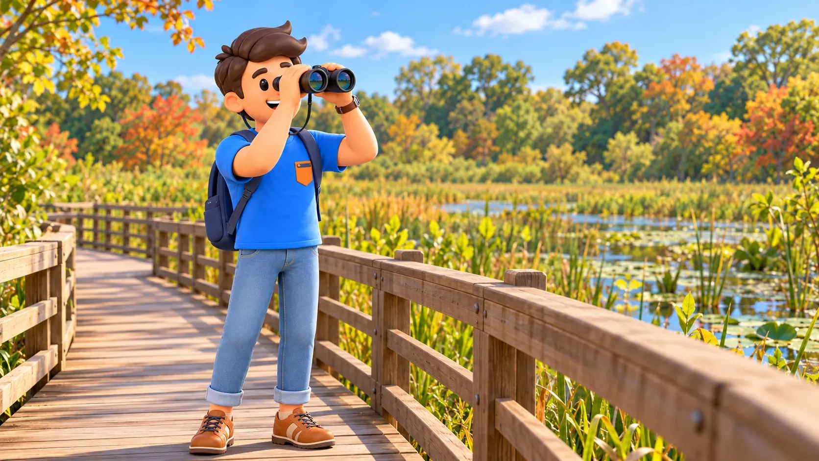 Illustration: a traveller looking through binoculars from a wetland boardwalk.