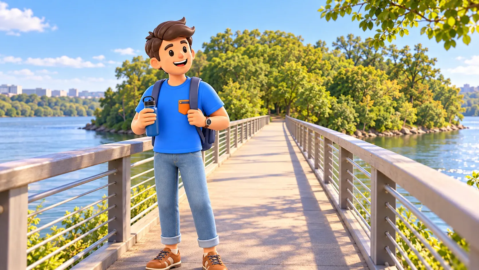Illustration: ein Reisender bei der Fußgängerbrücke zur Insel.