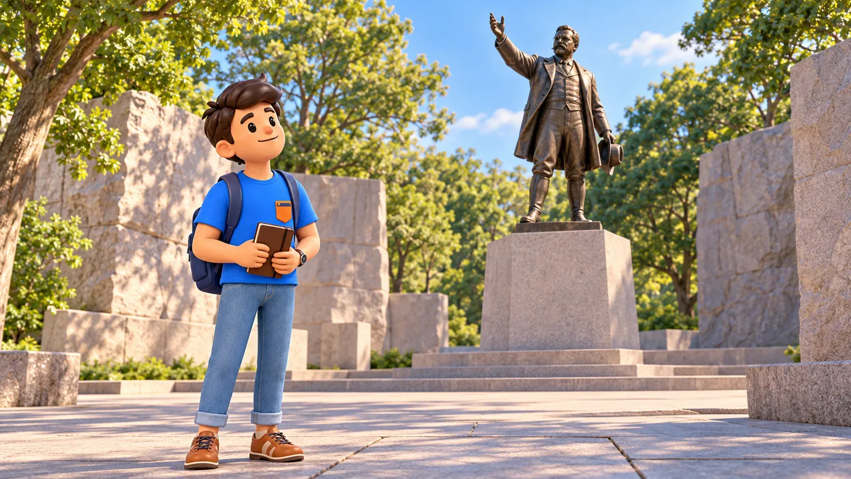 Illustration: ein Reisender am Theodore Roosevelt Memorial.