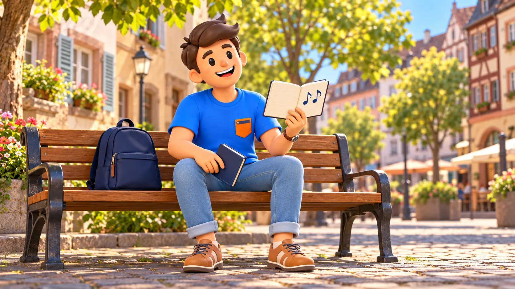 Illustrated traveller reading a notebook with decorative music symbols during an imagined pause