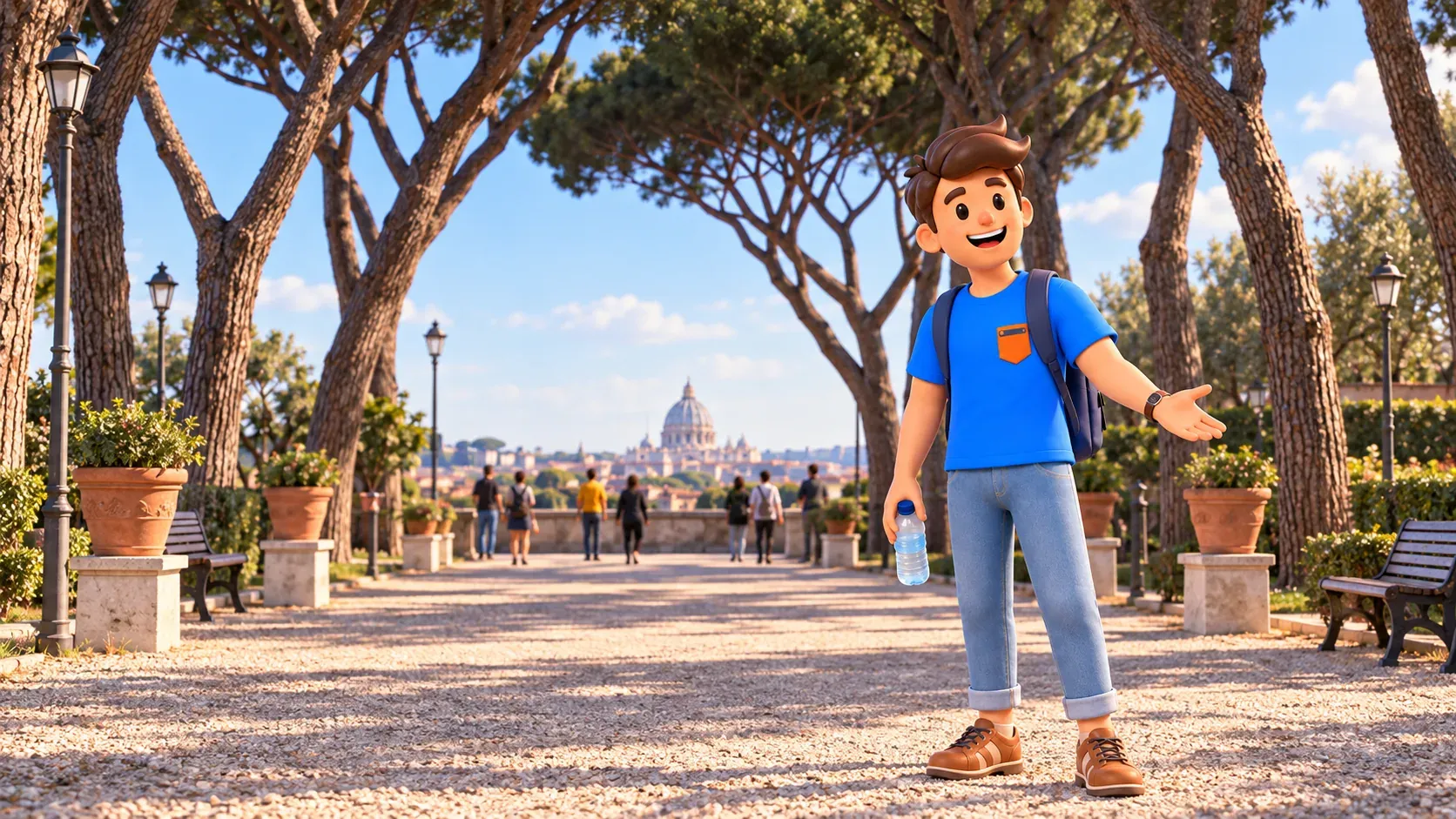 Un voyageur avec de l’eau dans l’allée du jardin des Orangers devant Rome