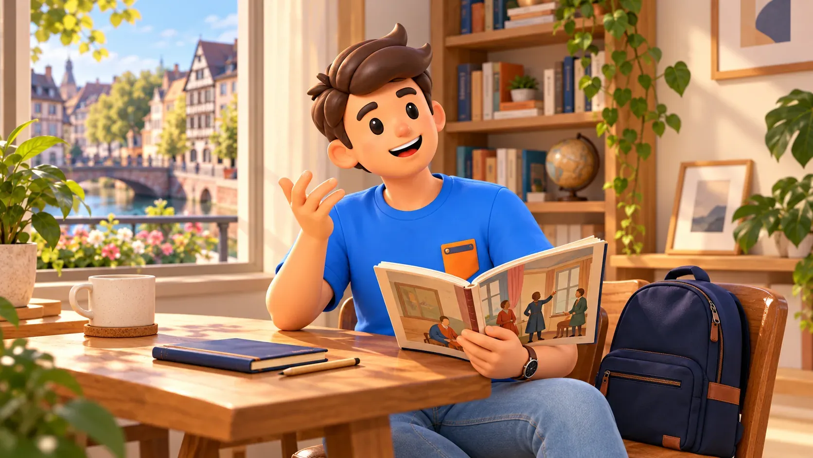 Illustrated traveller examining an invented historical scene in a book about art and memory