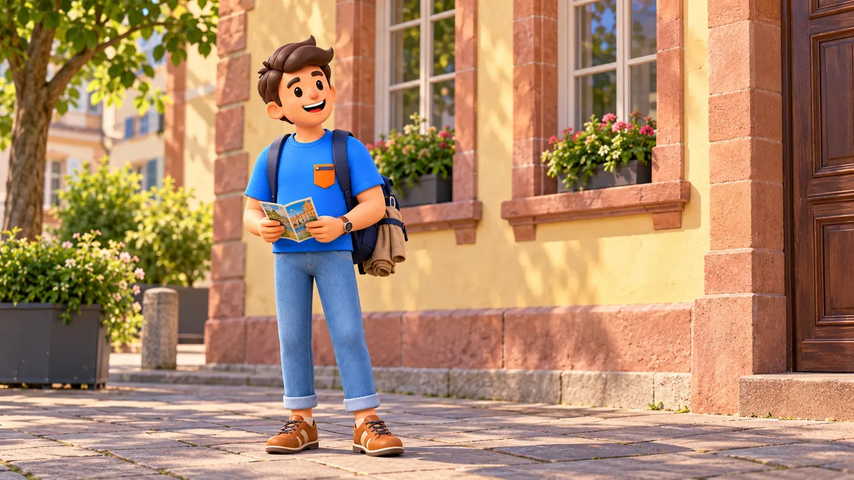 Illustrated traveller with a leaflet beside an interpreted historic civic building fragment
