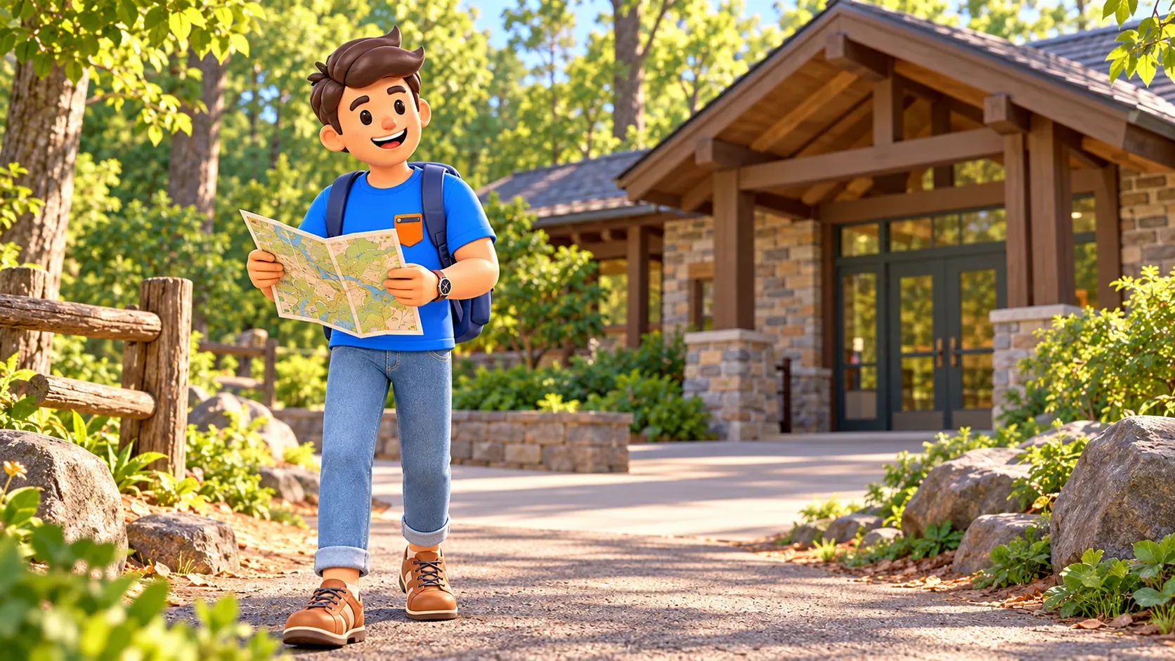 Illustration : un voyageur consultant l’itinéraire devant un centre nature.