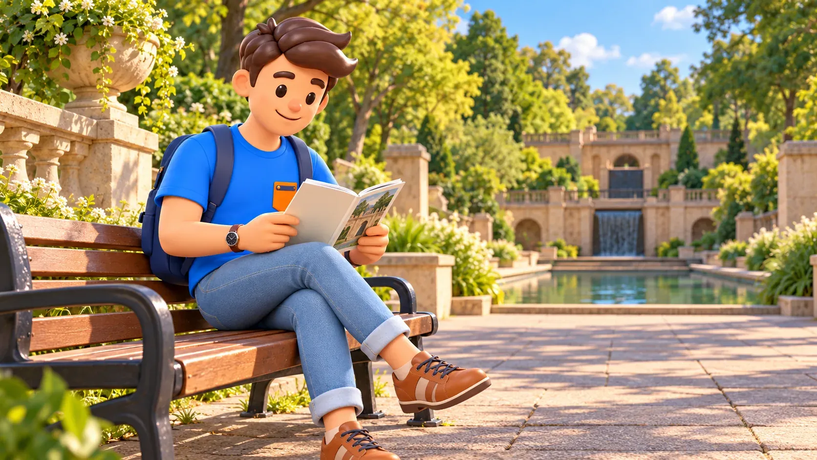 Illustration: ein Reisender auf der unteren Terrasse des Parks.