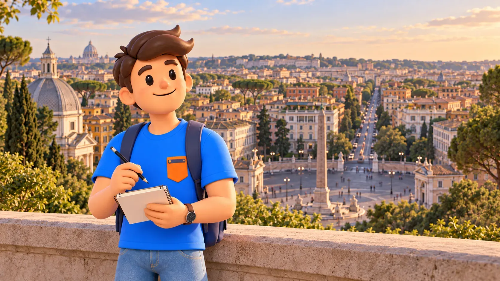 Un voyageur avec un carnet au Pincio au-dessus de Piazza del Popolo et des coupoles