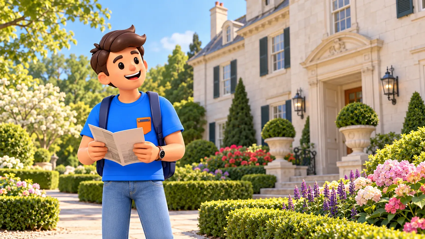 Illustration: a traveller looking at the mansion facade.