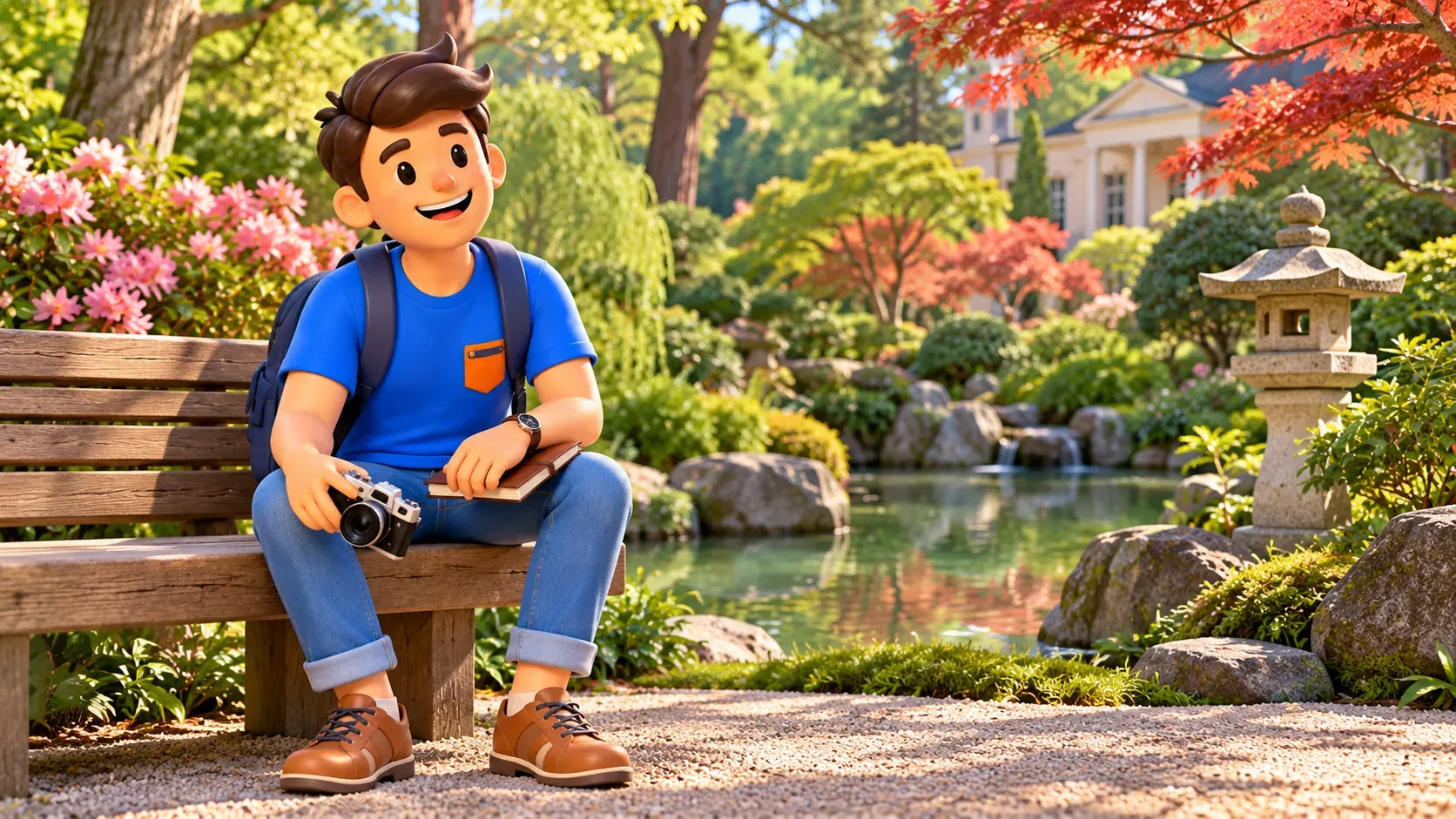 Illustration: a traveller resting in a Japanese-style garden.