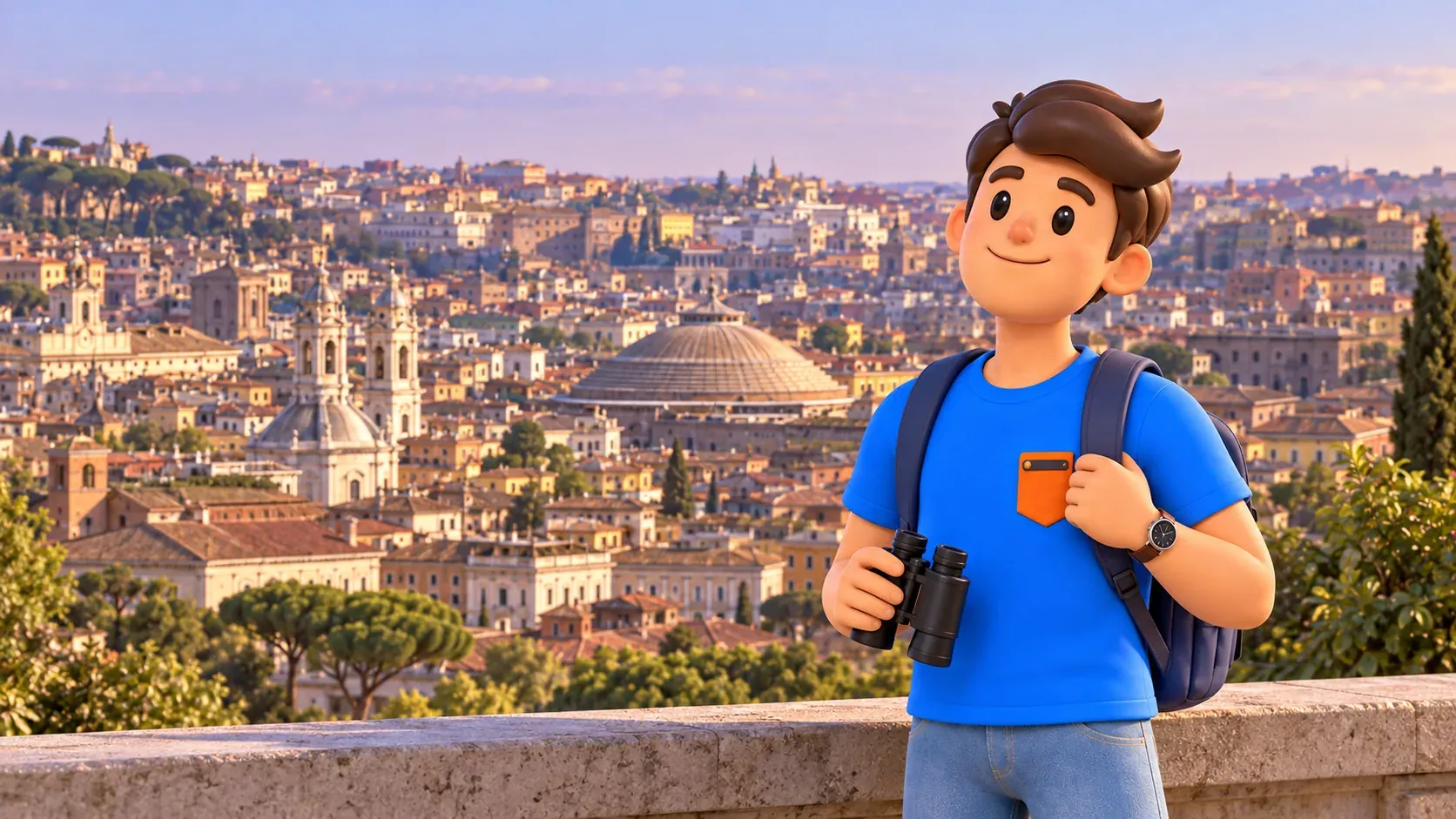 Un voyageur avec des jumelles au Janicule devant le panorama et la coupole basse du Panthéon