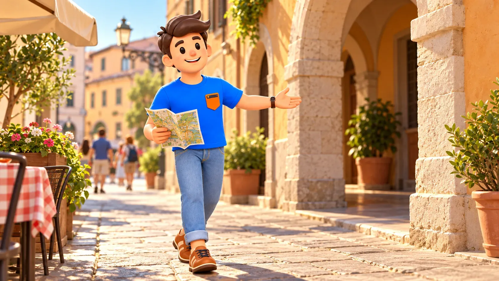Le voyageur tient un plan dans une rue historique représentée en illustration.