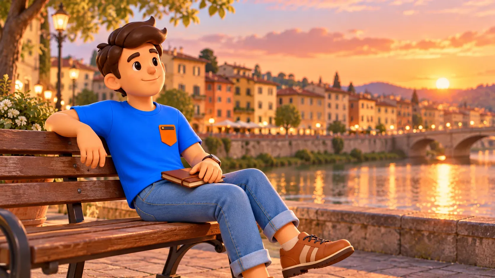 Le voyageur se repose avec son carnet près d’une vue artistique de l’Arno au coucher du soleil.