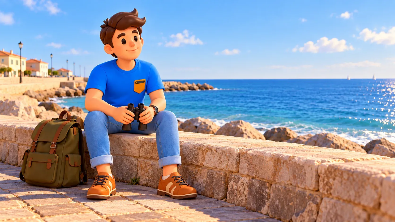 Le voyageur se repose avec des jumelles dans une scène illustrée de bord de mer.