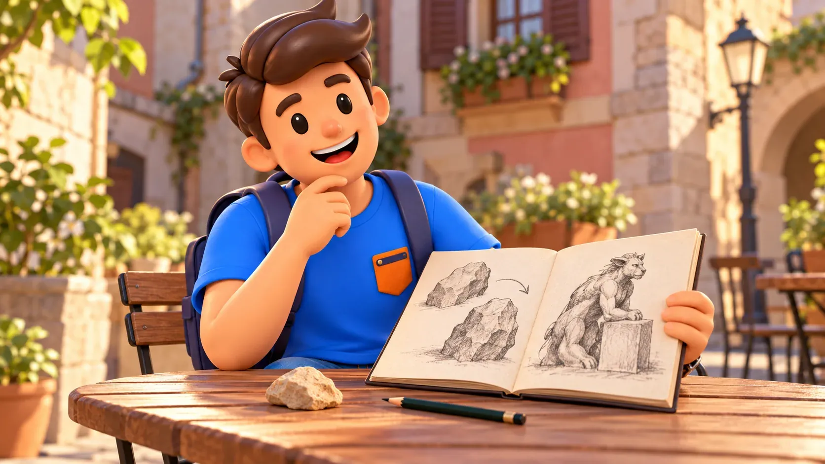 Illustrated traveller with conceptual sketches of stone becoming sculpture