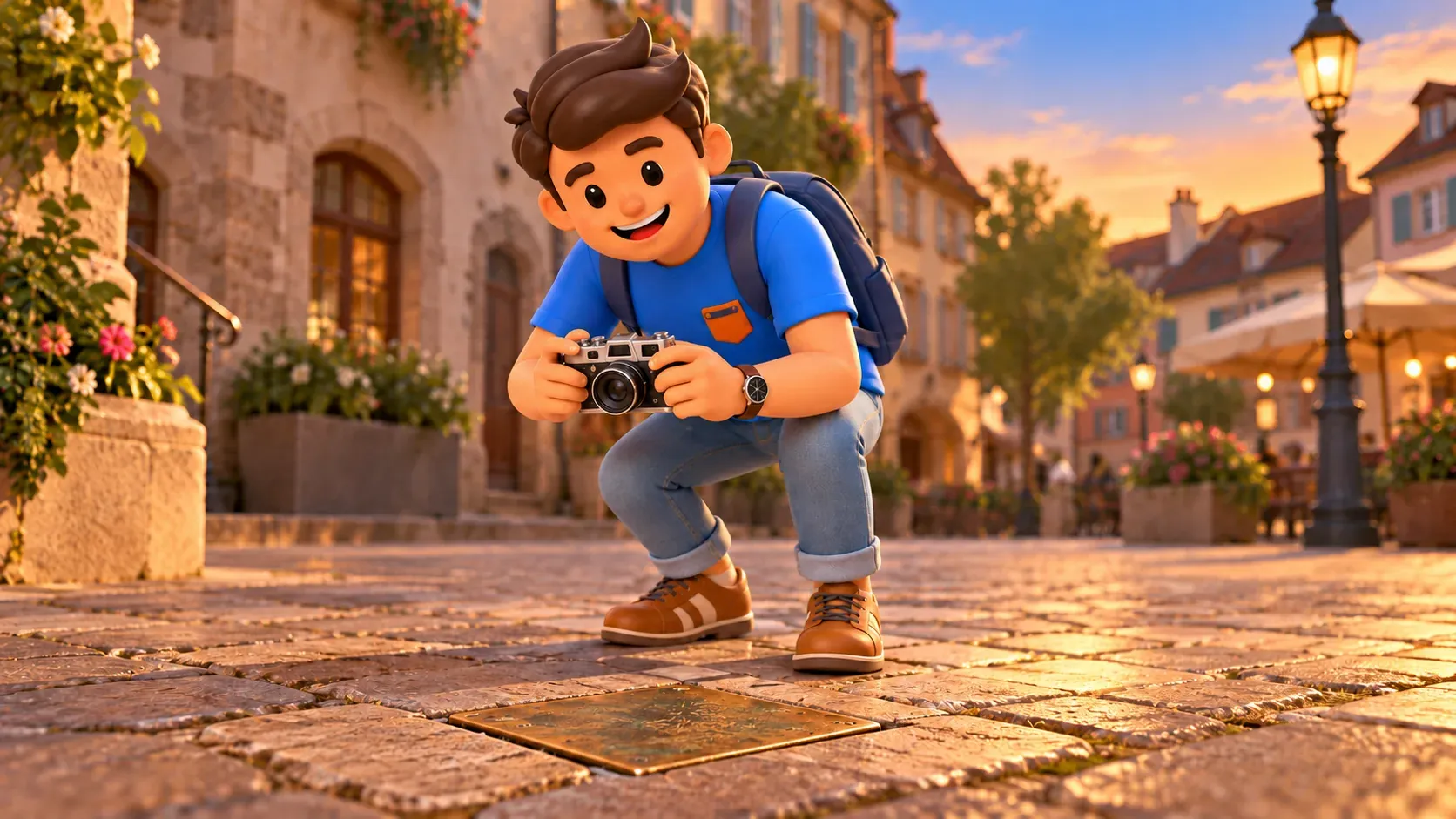 Illustrated traveller with camera near a conceptual closed bronze paving panel