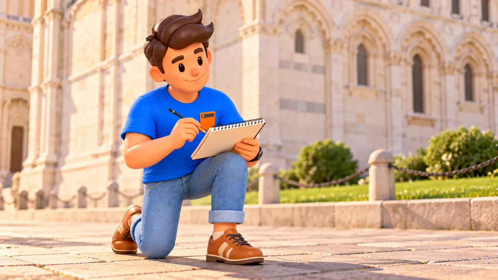 El viajero dibuja en un cuaderno junto a una pared de mármol ilustrada.
