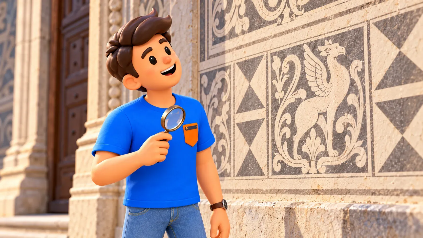El viajero observa con una lupa un ornamento de fachada interpretado de forma artística.