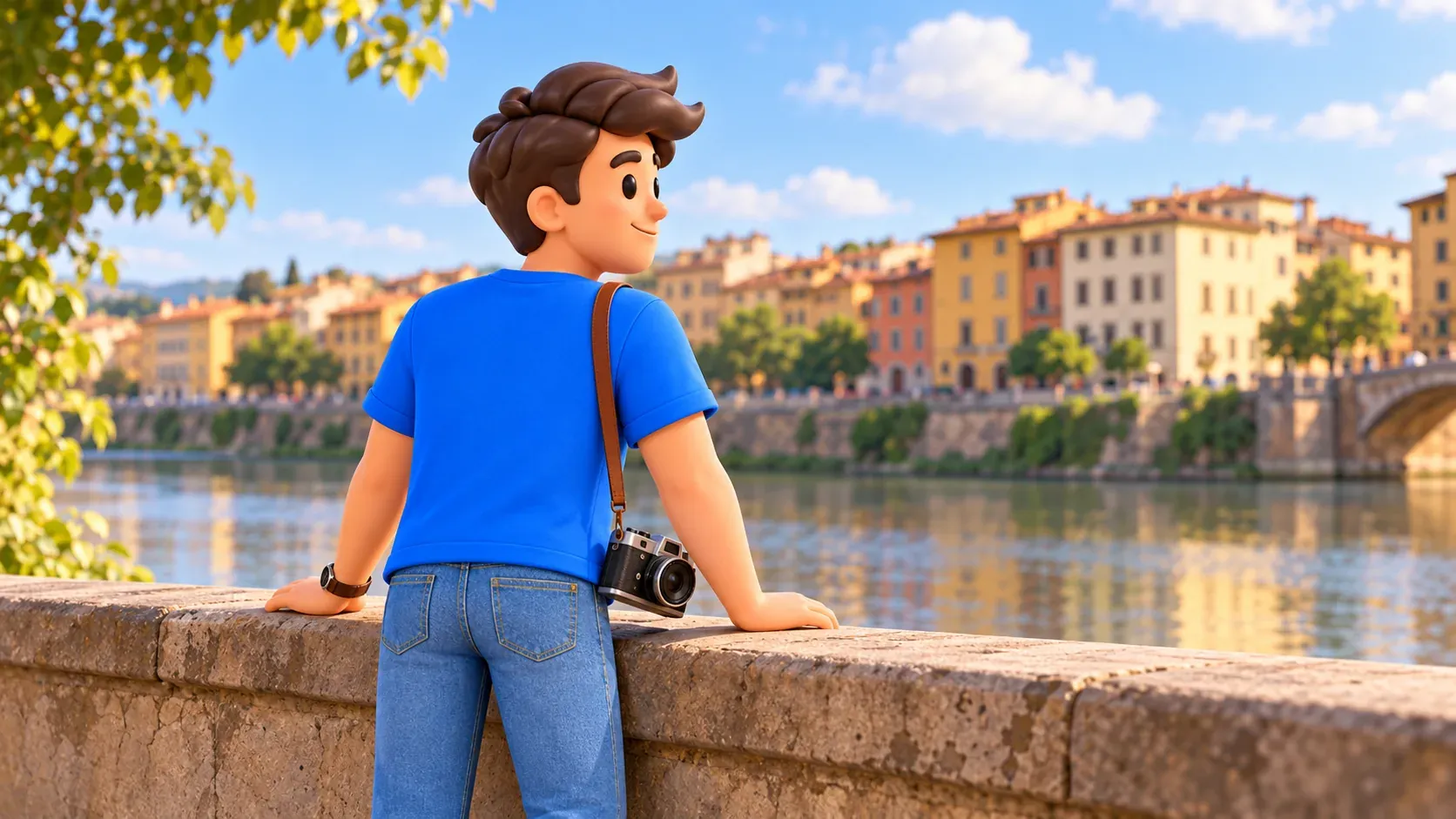 El viajero con cámara termina el paseo ante una vista artística del Arno.
