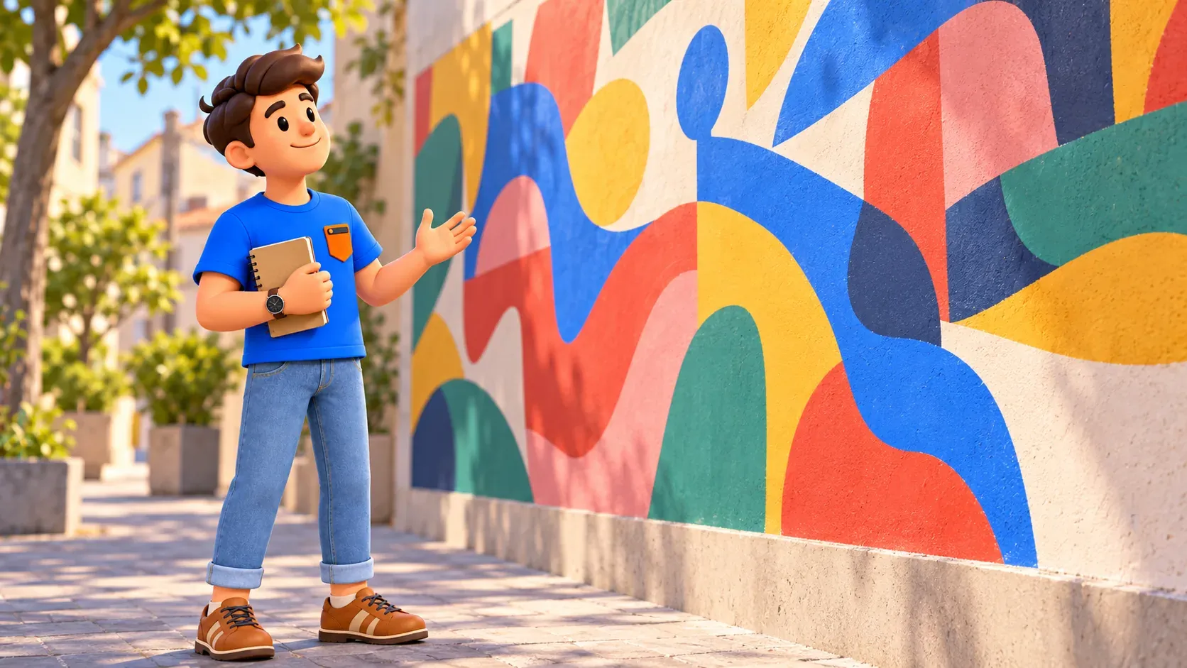 Le voyageur observe un mur abstrait coloré dans une illustration sur l’art urbain.