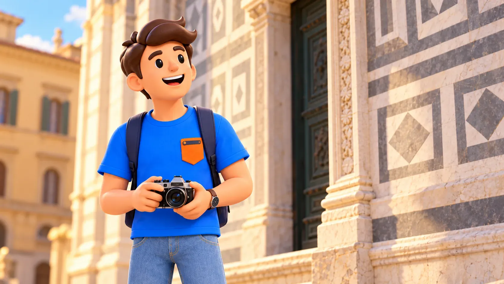 Le voyageur avec son appareil regarde une façade de palais interprétée artistiquement.