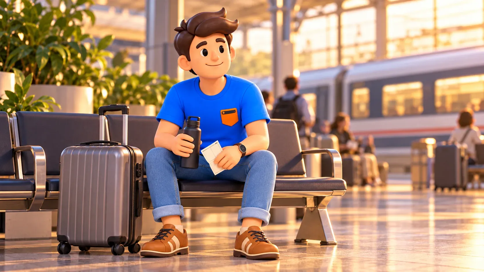 Illustration d’une attente tranquille du train avec eau, billet et valise.